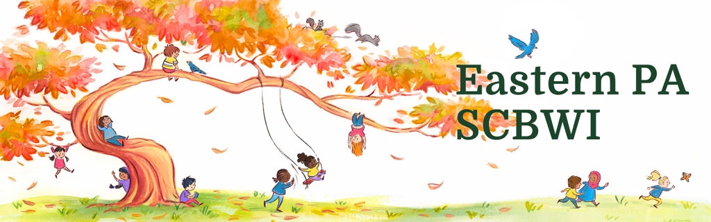 Tree with fall foliage and a diverse group of children playing, and reading. Banner illustration by Reagan Lehman for the Eastern PA SCBWI.